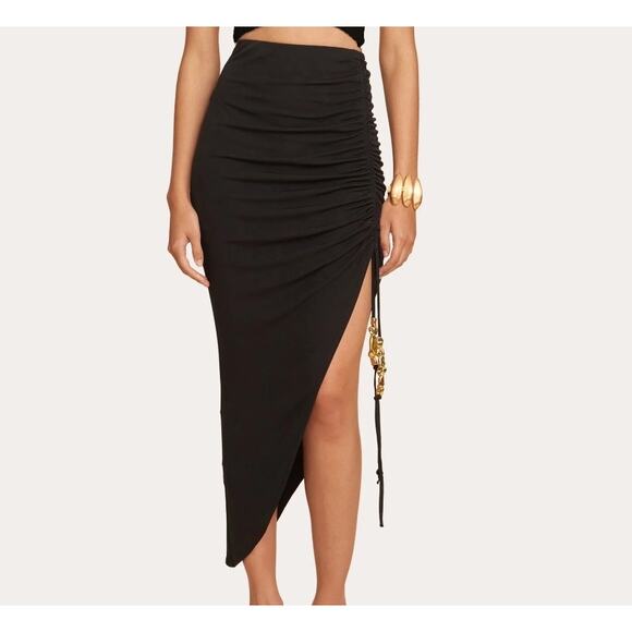 Cult Gaia Icarus Ruched Black  Asymmetric Midi Skirt with Gold Hardware Size XS - Picture 1 of 10
